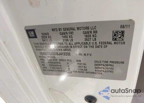 2011 GMC Acadia Slt-2 из США, поврежденный, VIN 1GKKRSED0BJ412202